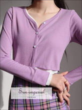 Sun-imperial V Neck Button Woman Knitting Tops High Waist Slim Single Row Buckle Long Sleeve Purple
