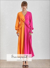 V-neck lantern sleeve high-waist midi dress