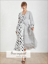 V-neck lantern sleeve high-waist midi dress