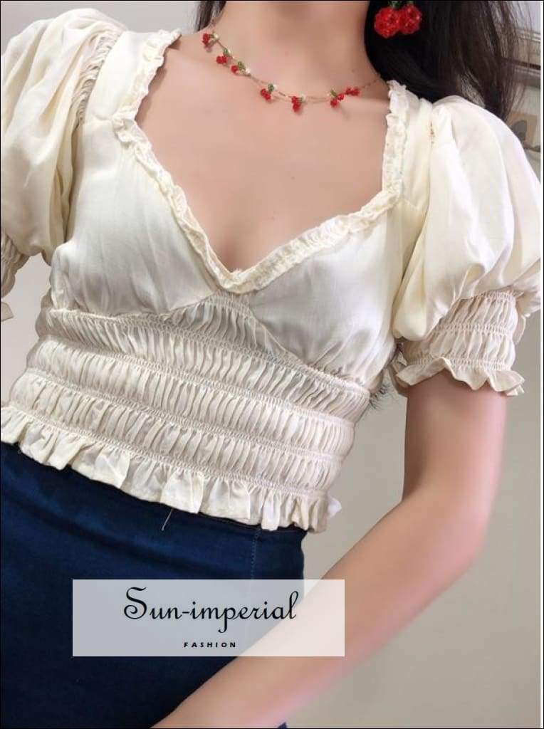 Sun-imperial V Neck Puff Sleeve Women Blouses Stringy Selvedge High Waist Short Tops Lace back Strap