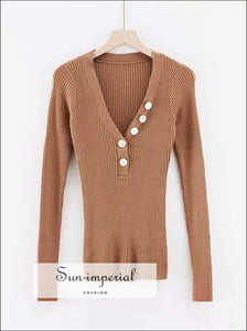 Sun-imperial V Neck Ribbed Jumper with Button detail Deep Rib Knit top High Street Fashion SUN-IMPERIAL United States