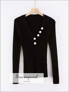 Sun-imperial V Neck Ribbed Jumper with Button detail Deep Rib Knit top High Street Fashion SUN-IMPERIAL United States