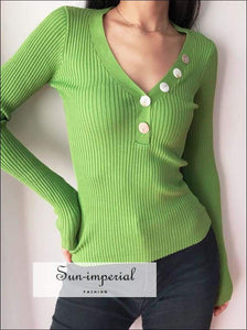 Sun-imperial V Neck Ribbed Jumper with Button detail Deep Rib Knit top High Street Fashion SUN-IMPERIAL United States