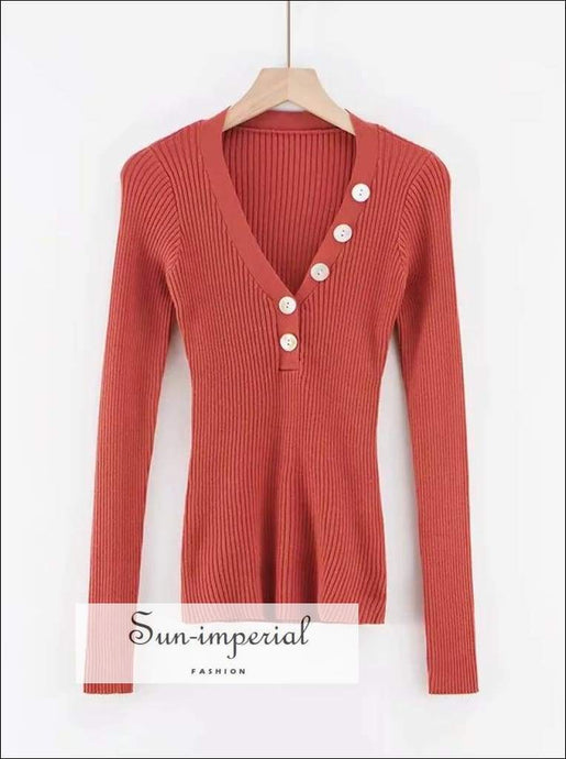 Sun-imperial V Neck Ribbed Jumper with Button detail Deep Rib Knit top High Street Fashion SUN-IMPERIAL United States