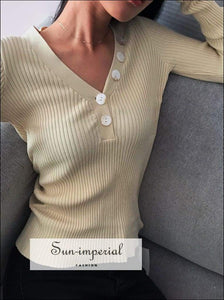 Sun-imperial V Neck Ribbed Jumper with Button detail Deep Rib Knit top High Street Fashion SUN-IMPERIAL United States