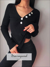 Sun-imperial V Neck Ribbed Jumper with Button detail Deep Rib Knit top High Street Fashion SUN-IMPERIAL United States