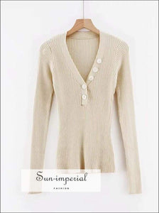Sun-imperial V Neck Ribbed Jumper with Button detail Deep Rib Knit top High Street Fashion SUN-IMPERIAL United States