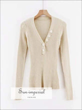 Sun-imperial V Neck Ribbed Jumper with Button detail Deep Rib Knit top High Street Fashion SUN-IMPERIAL United States