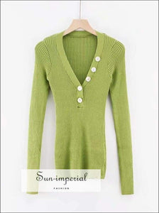 Sun-imperial V Neck Ribbed Jumper with Button detail Deep Rib Knit top High Street Fashion SUN-IMPERIAL United States