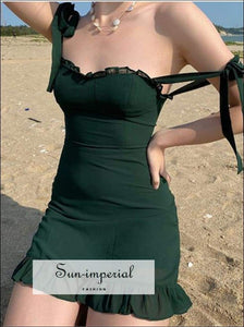 Sun-imperial Vintage Adjust Camistraps Women Dress Green Party Dress Slim Chiffon Ruffles Usa