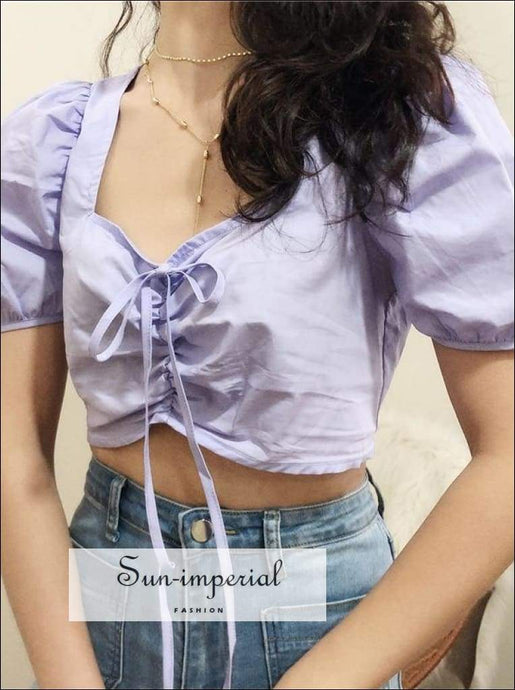 Sun-imperial Vintage Bow Tie Woman Short Shirts Fashion Puff Sleeve Short Sleeve Sweet Woman Blouses