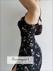 Sun-imperial Vintage Floral Camisole Dress Women Dress Slim Waist Girl Spring Summer Black Beach