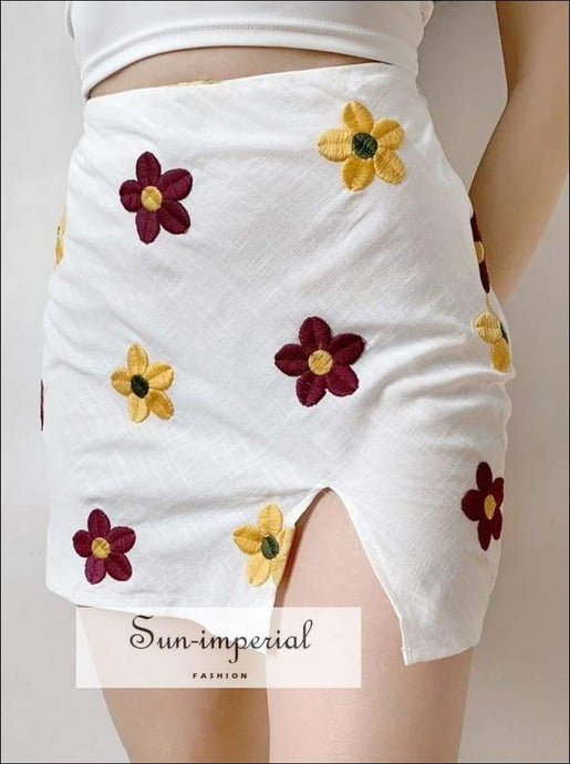Sun-imperial Vintage Floral Embroidery Skirt Woman Sweet side Slit Design High Waist Summer Mini vintage SUN-IMPERIAL United States