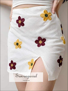 Sun-imperial Vintage Floral Embroidery Skirt Woman Sweet side Slit Design High Waist Summer Mini vintage SUN-IMPERIAL United States