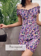 Sun-imperial Vintage Floral Print Women Dresses Puff Sleeve Strapless Bow Dress High Waist vintage SUN-IMPERIAL United States