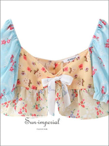 Sun-imperial Vintage Floral Women Blouse Shirt Spring Square Collar Bow Midriff Baring Crop top