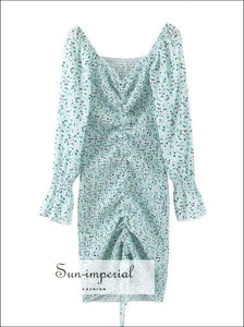 Sun-imperial Vintage Floral Women Midi Dress Spring Square Collar Flare Sleeve Elastic Vintage Fresh