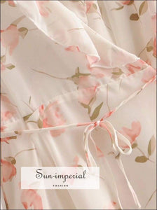 Sun-imperial Vintage Floral Women Mini Dress Spring Cross V Neck Ruffle Belt Loose Vintage Vacation