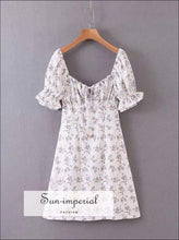 Sun-imperial Vintage Floral Women Mini Dress Spring Square Collar Belt Elastic Vintage Vacation