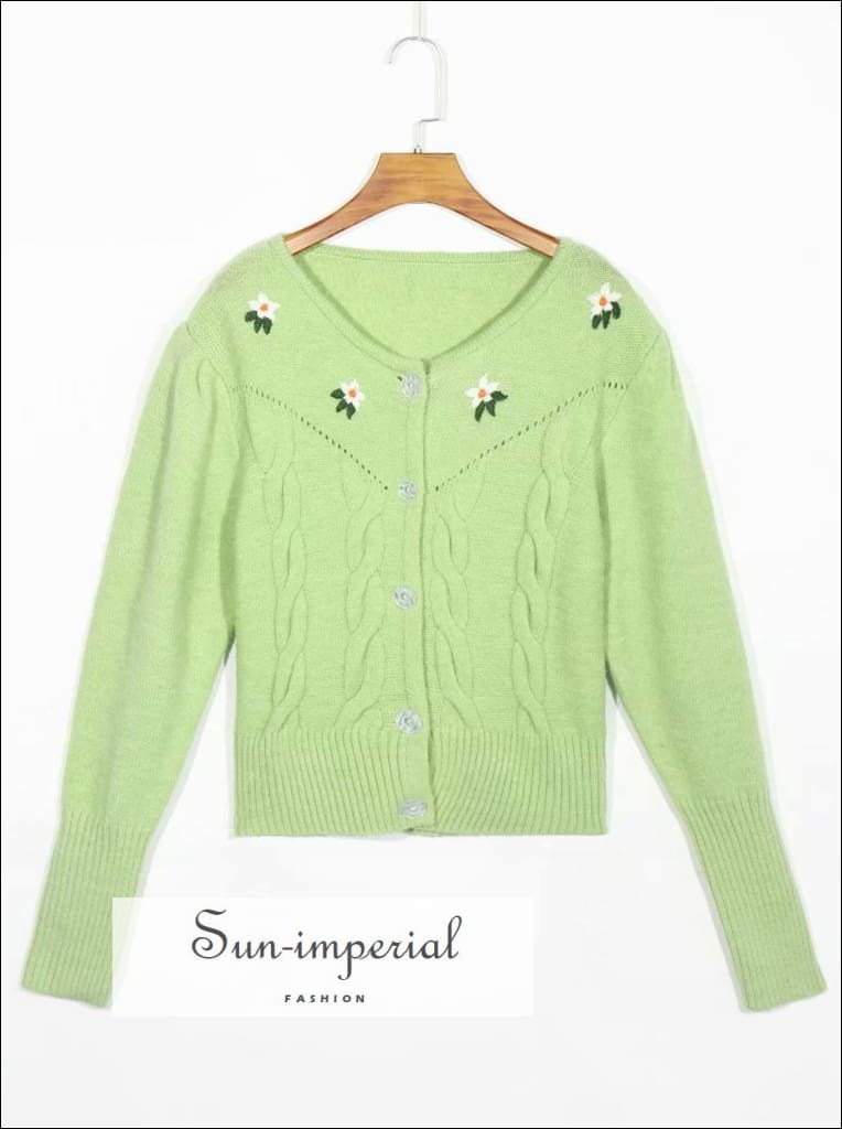 Sun-imperial Vintage Mint Green Knitted Cardigan Flower Embroidery detail Women Sweater vintage style SUN-IMPERIAL United States
