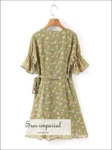 Sun-imperial Vintage Print Women Dress Flare Sleeve Irregular Ruffles High Waist V Neck Spring vintage SUN-IMPERIAL United States