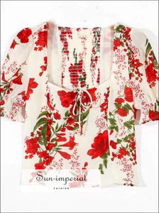 Sun-imperial Vintage Red Floral Print Shirt Beige Vintage Elastic Ruched back Square Collar Short