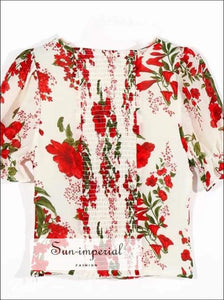 Sun-imperial Vintage Red Floral Print Shirt Beige Vintage Elastic Ruched back Square Collar Short