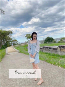 Sun-imperial Vintage Ruffles Square Collar Floral Long Sleeve Split Dress Women Puff Buttons SUN-IMPERIAL United States