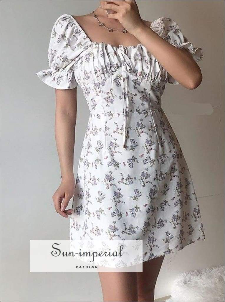 Sun-imperial - Sun-imperial vintage square collar Floral dress women bow tie short sleeve bubble White Floral dress / S Sun-imperial - Sun-imperial vintage square collar Floral dress women bow tie short sleeve bubble White Floral dress / S