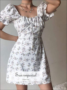 Sun-imperial Vintage Square Collar Floral Dress Women Bow Tie Short Sleeve Bubble Summer vintage SUN-IMPERIAL United States