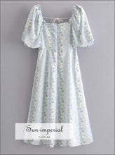 Sun-imperial Vintage Square Collar Light Blue Floral Short Sleeve Split Dress Slit Hem Slim Women