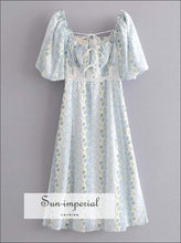 Sun-imperial Vintage Square Collar Light Blue Floral Short Sleeve Split Dress Slit Hem Slim Women