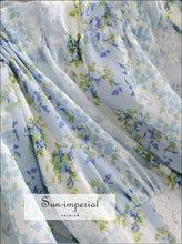 Sun-imperial Vintage Square Collar Light Blue Floral Short Sleeve Split Dress Slit Hem Slim Women