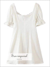 Sun-imperial Vintage Stitching Lace Square Collar Short Sleeve Short Dress for Woman White Mini