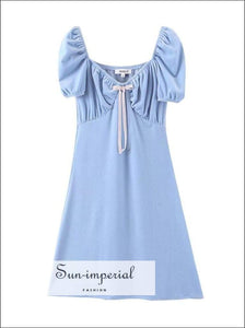 Sun-imperial Vintage Style Puff Short Sleeve Velvet Dress Women Summer Bow V Neck Ruched Velour SUN-IMPERIAL United States