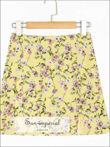 Sun-imperial Vintage Yellow Floral Print Women Skirts side Slit Design High Waist Slim Ladies Summer