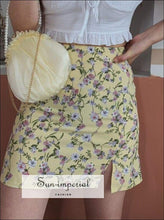 Sun-imperial Vintage Yellow Floral Print Women Skirts side Slit Design High Waist Slim Ladies Summer