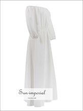 Sun-imperial White Bohemian off Shoulder Women Summer Maxi Beach Dress Slash Neck Elastic Short