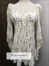 Sun-imperial White Floral Print Ruched Bust Mini Dress Long Puff Sleeve