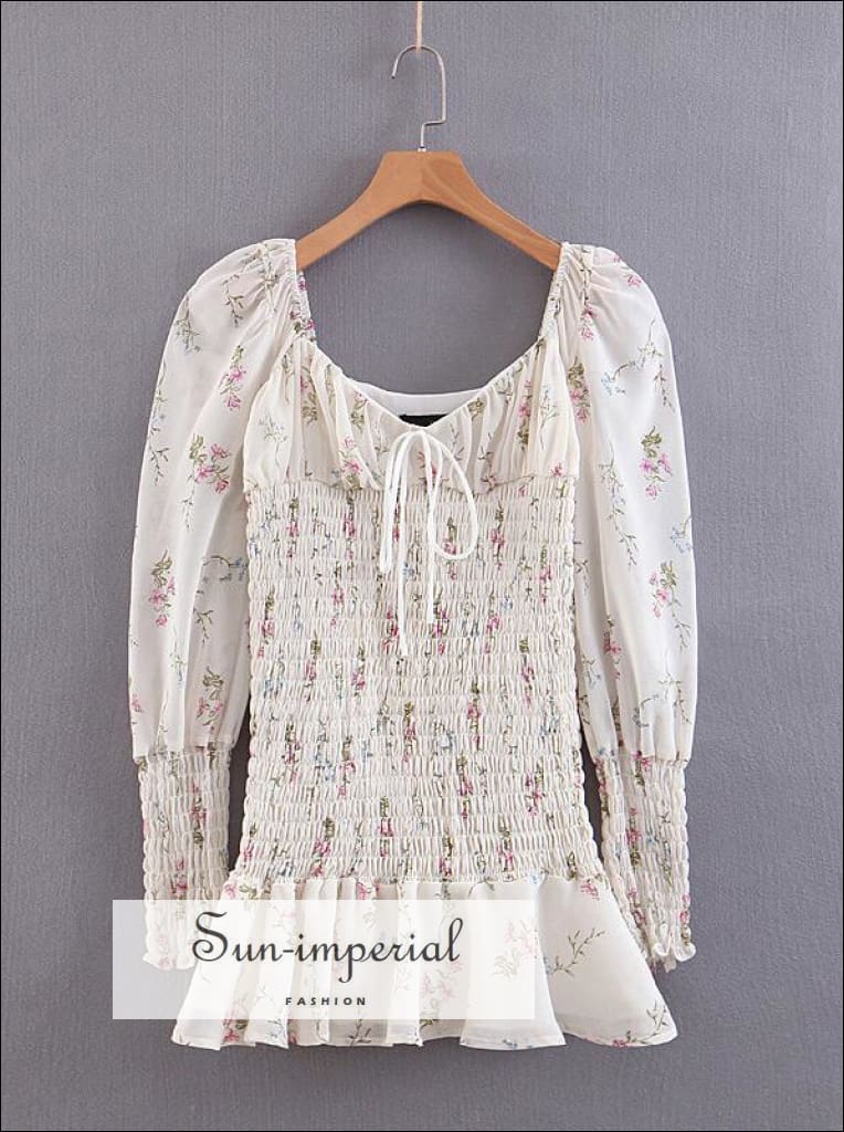 Sun-imperial White Floral Print Ruched Bust Mini Dress Long Puff Sleeve