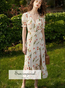 Sun-imperial White Floral Vintage Dress Short Flare Sleeve Maxi with front Split SUN-IMPERIAL United States