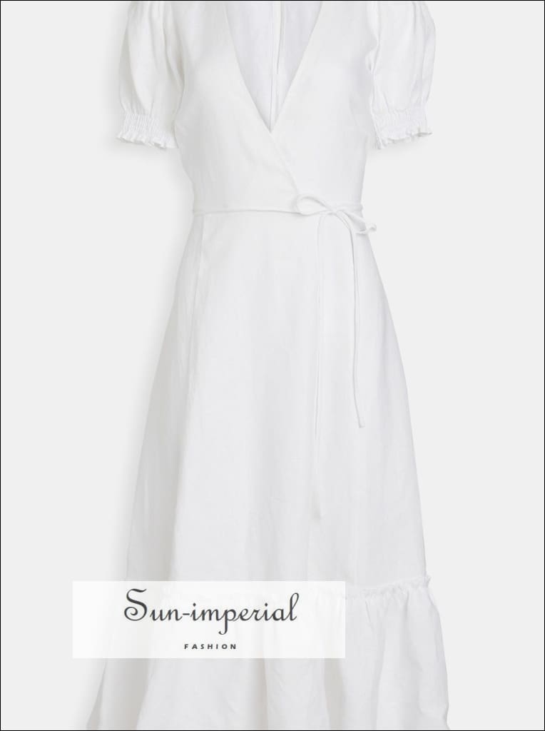 Sun-imperial White V Neck with Blue Floral Wrap Dress Tie Waist Short Flare Sleeve Midi vintage style SUN-IMPERIAL United States