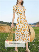 Sun-imperial White V Neck with Blue Floral Wrap Dress Tie Waist Short Flare Sleeve Midi vintage style SUN-IMPERIAL United States