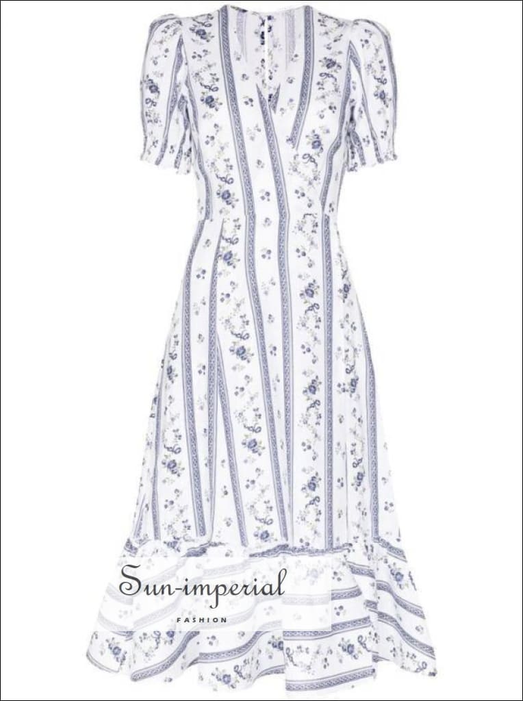 Sun-imperial White V Neck with Blue Floral Wrap Dress Tie Waist Short Flare Sleeve Midi vintage style SUN-IMPERIAL United States