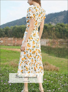 Sun-imperial White V Neck with Blue Floral Wrap Dress Tie Waist Short Flare Sleeve Midi vintage style SUN-IMPERIAL United States