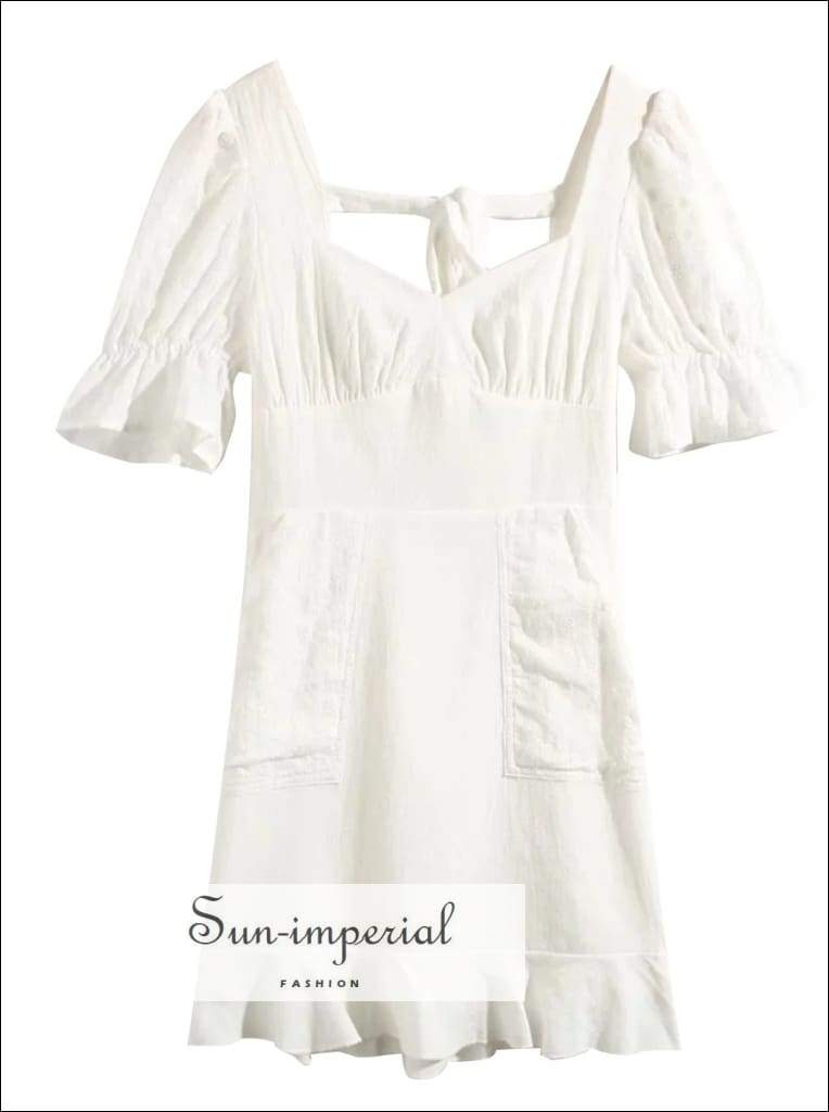 Sun-imperial White Vintage Mini Dress Ruched Bust Flare Sheer Short Sleeve Cut out back Ruffle Edges