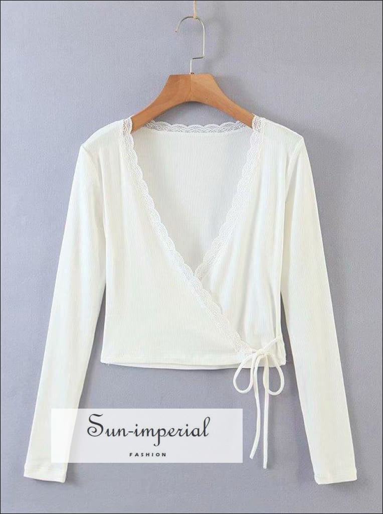 Sun-imperial White Wrap Long Sleeve Women Knitted top with Lace detail Tie Waist Blouse Basic style, chick sexy vintage style SUN-IMPERIAL 
