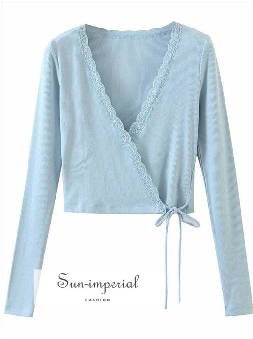 Sun-imperial White Wrap Long Sleeve Women Knitted top with Lace detail Tie Waist Blouse Basic style, chick sexy vintage style SUN-IMPERIAL 