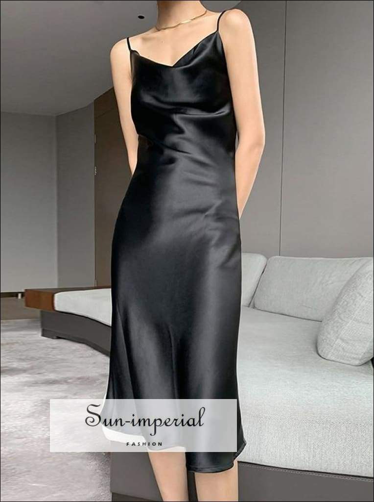 Sun-imperial Women Black Sleeveless Cami Strap V Neck Soft Satin Slip Long Dress elegant style, harajuku PARTY DRESS, Brown Dress, Green 