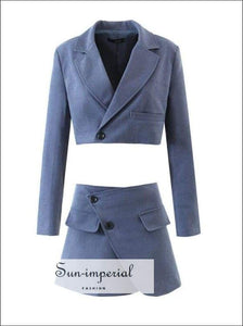 Sun-imperial Women Blue Buttoned Cropped Jacket and front Slim Mini Skirt Set cropped jacket mini skirt set, elegant style, harajuku PUNK 